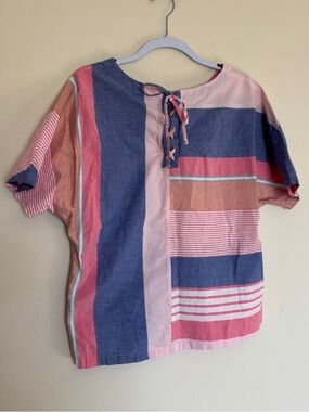 Caslon Top Sz Medium Mixed Media Striped Tie Cotton Boho Peasant Casual Metallic